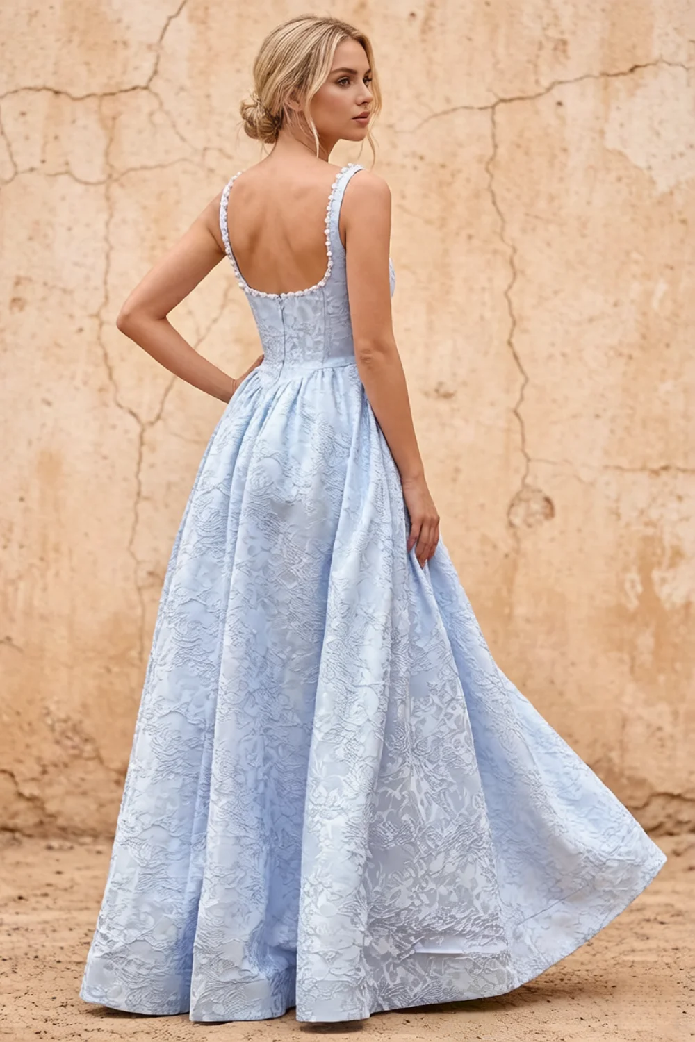 Marian Blue Jacquard A-line 3d Flowers Maxi Dress