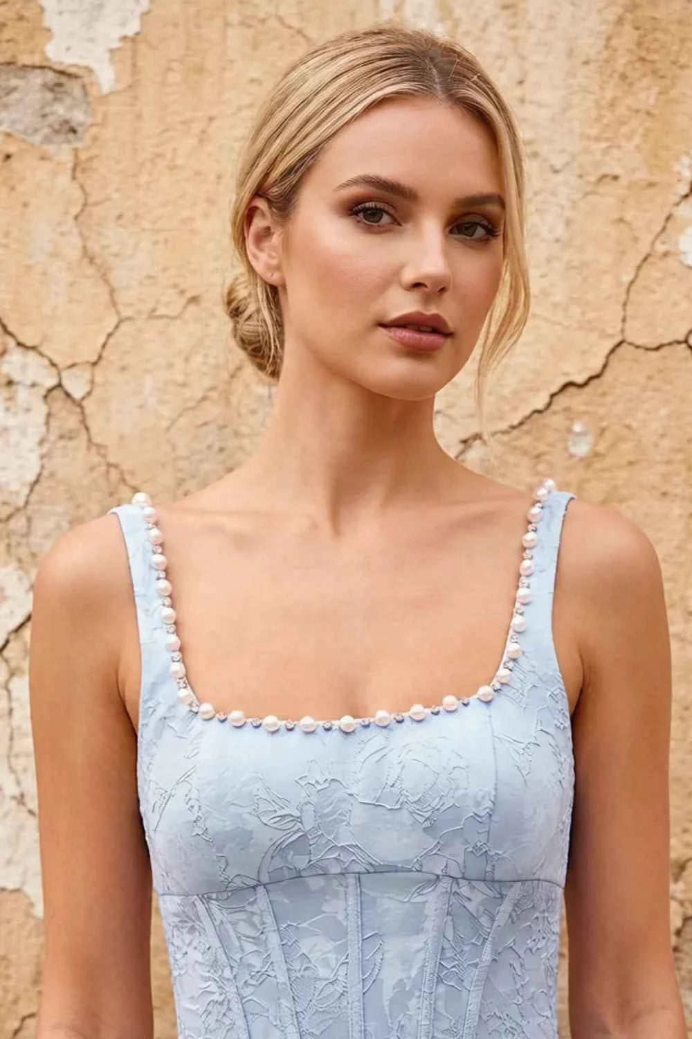 Marian Blue Jacquard A-line 3d Flowers Maxi Dress