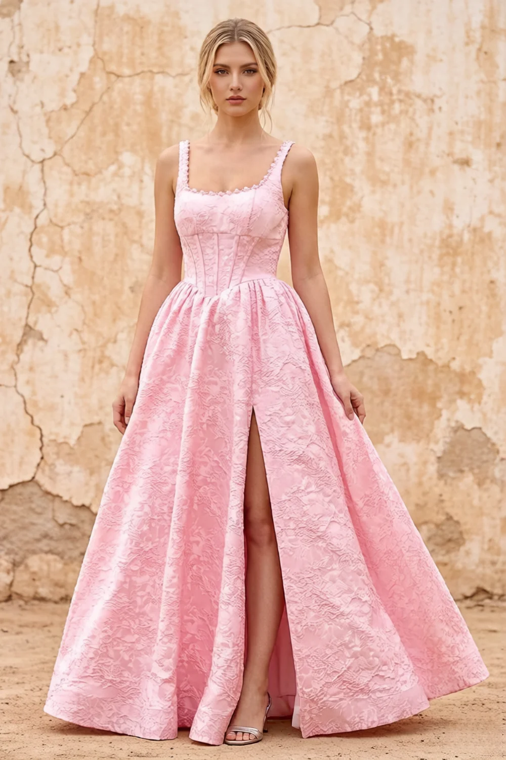 Marian Pink Jacquard A-line 3d Flowers Maxi Dress Main image