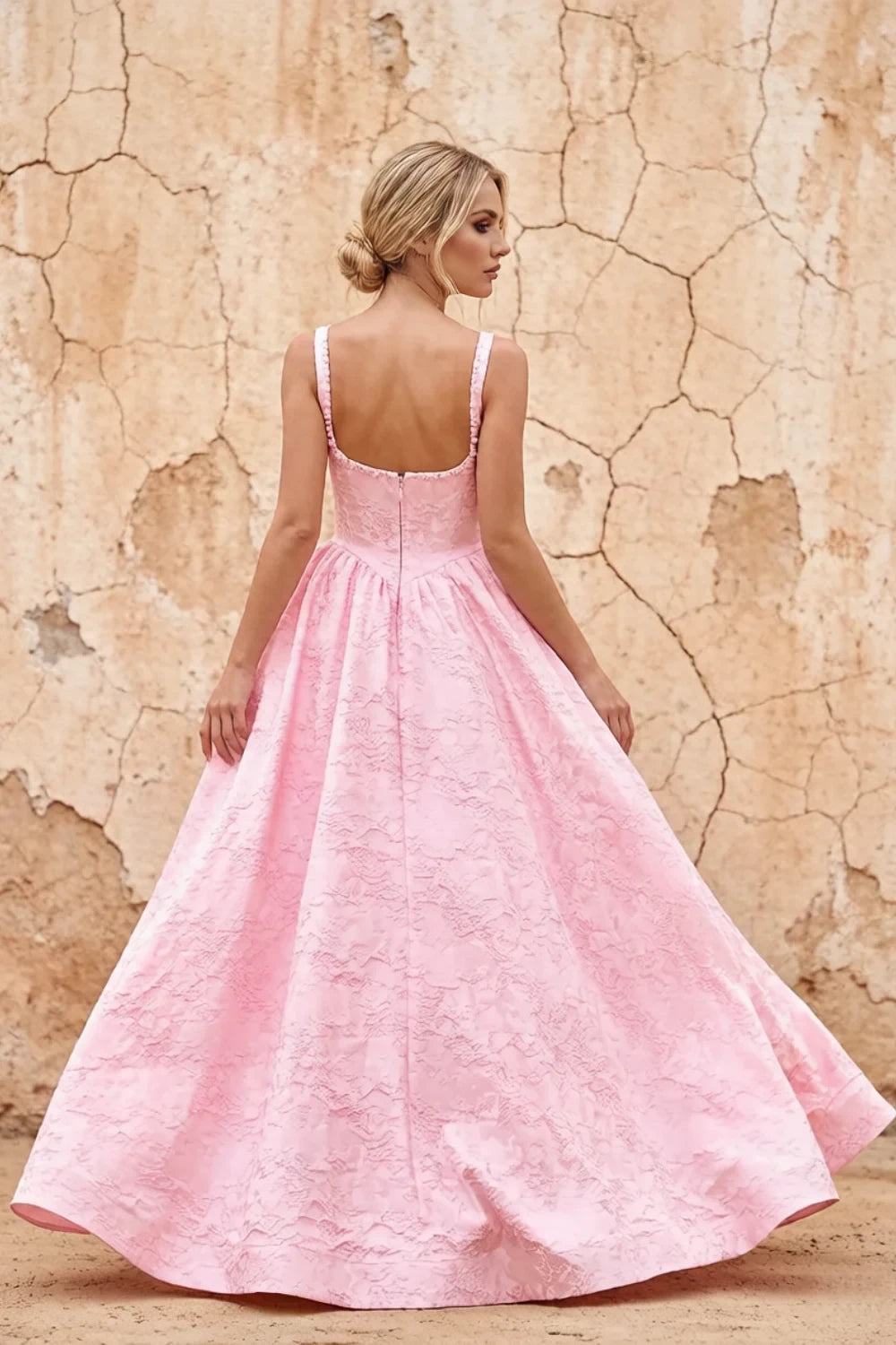 Translation missing: en.Marian Pink floral jacquard square-neck A-line maxi dress with dimensional flowers and side slit - product photo 2 content.product_image_secondary