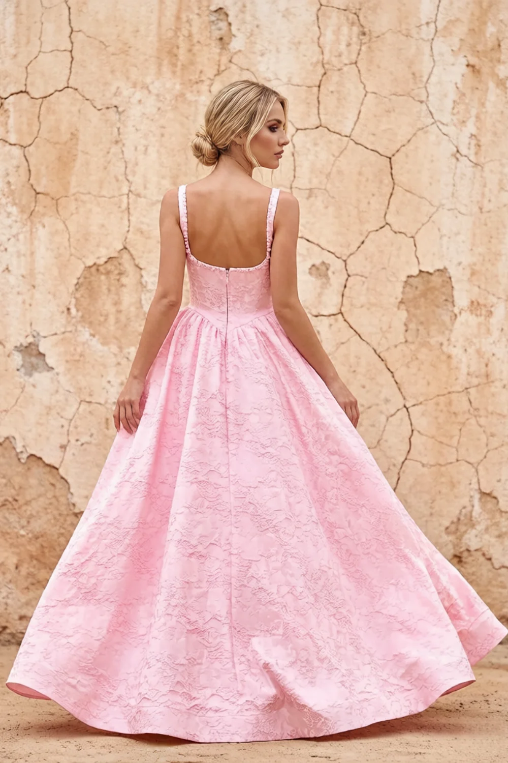 Marian Pink Jacquard A-line 3d Flowers Maxi Dress