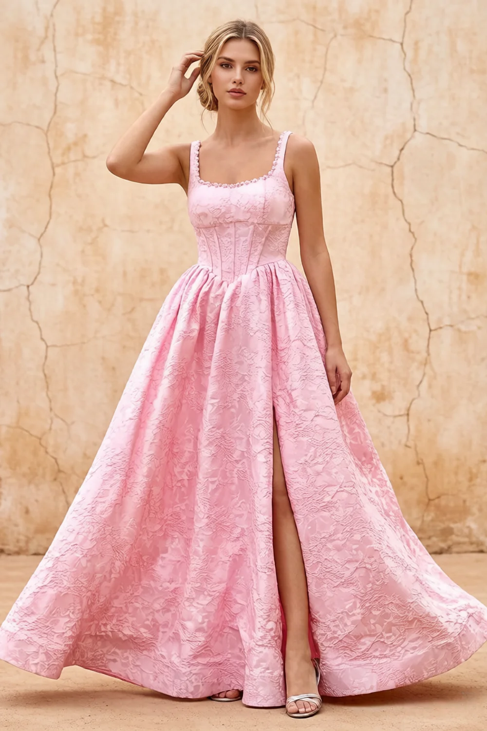 Marian Pink Jacquard A-line 3d Flowers Maxi Dress