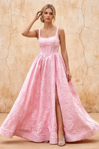 Marian Pink Jacquard A-line 3d Flowers Maxi Dress