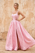 Marian Pink Jacquard A-line 3d Flowers Maxi Dress