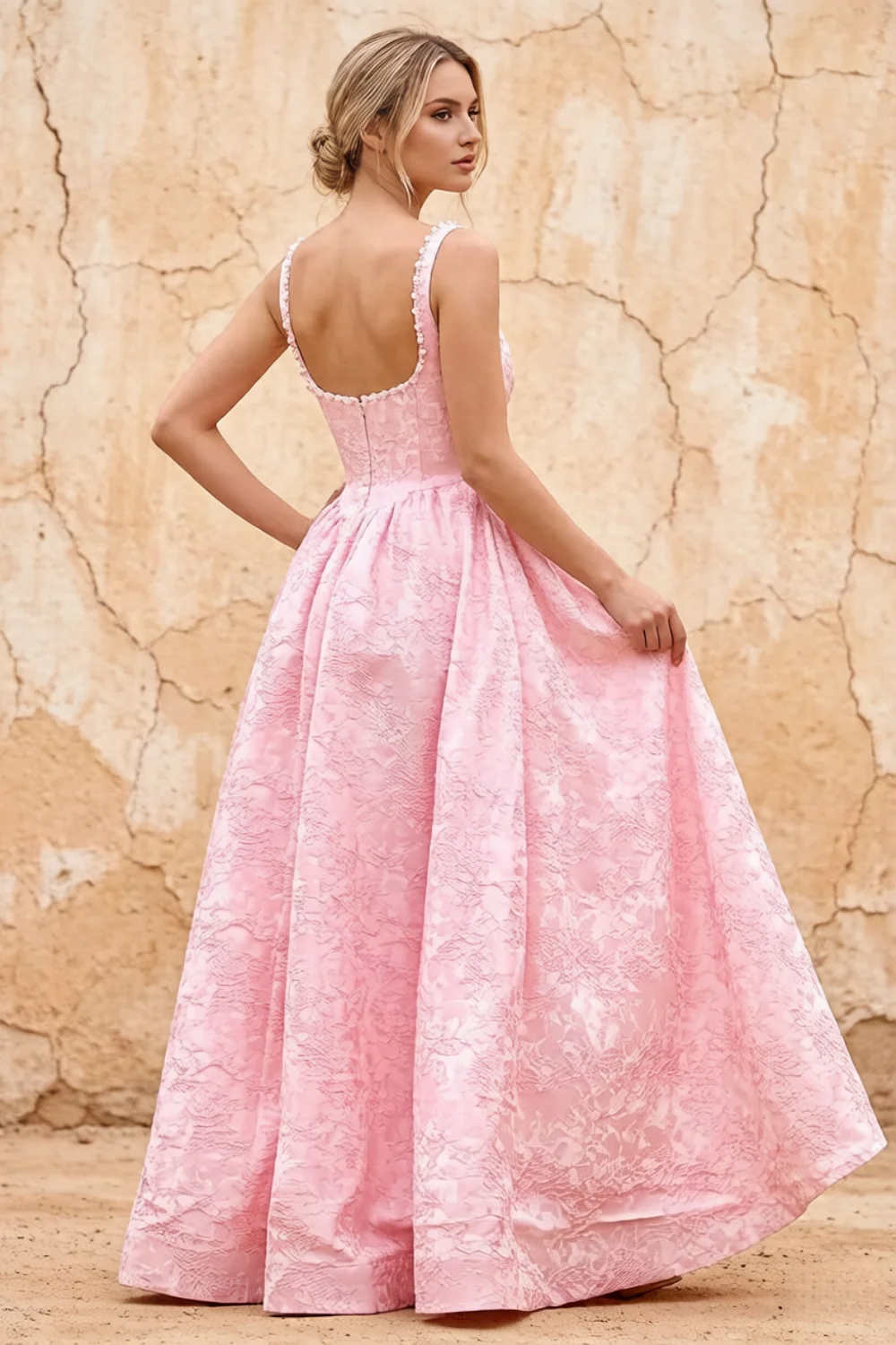 Marian Pink Jacquard A-line 3d Flowers Maxi Dress