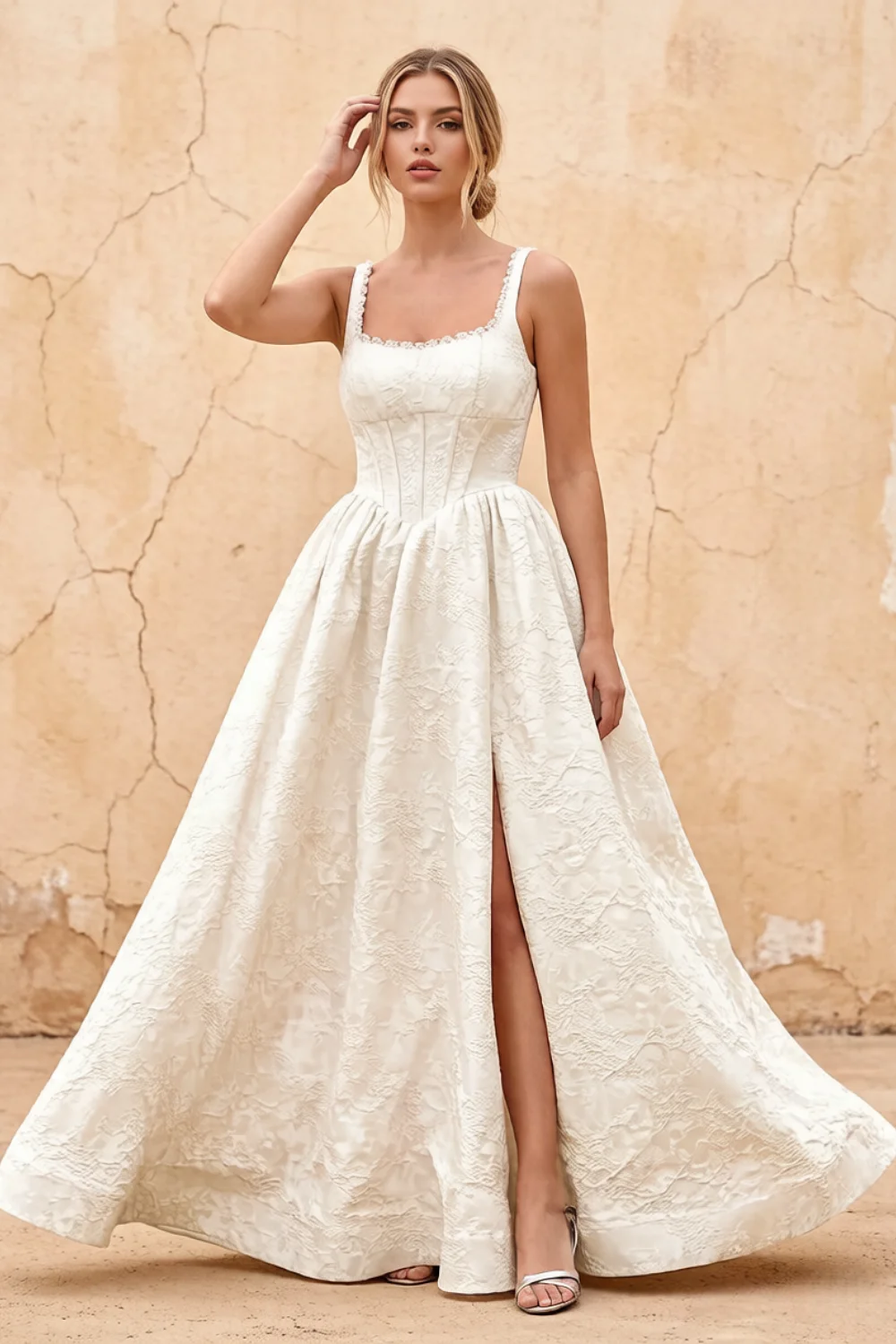 Marian White Jacquard A-line 3d Flowers Maxi Dress Main image