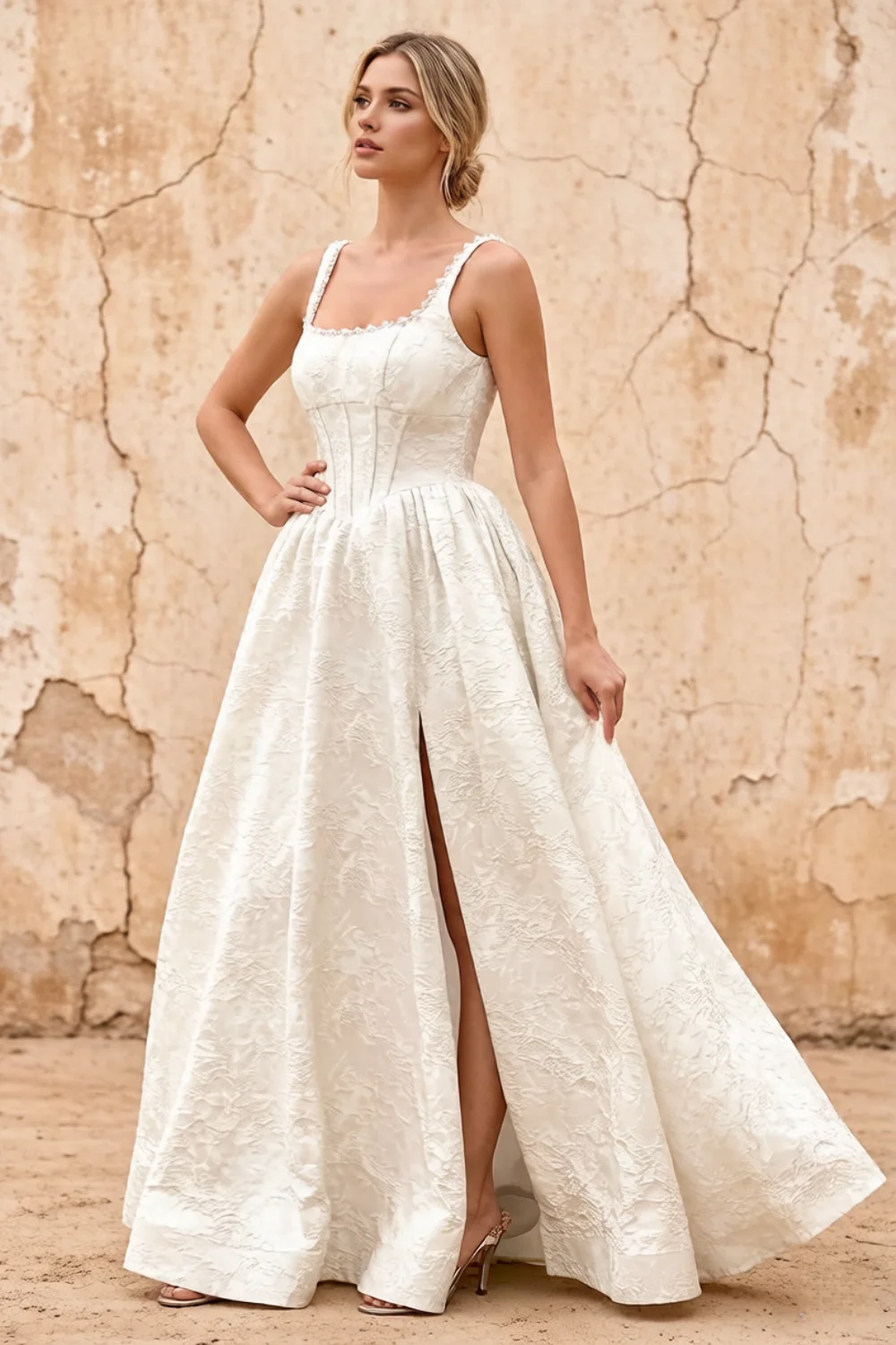 Marian White Jacquard A-line 3d Flowers Maxi Dress