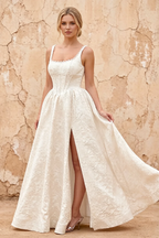 Marian White Jacquard A-line 3d Flowers Maxi Dress