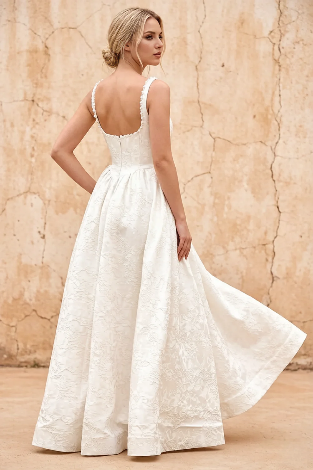 Marian White Jacquard A-line 3d Flowers Maxi Dress