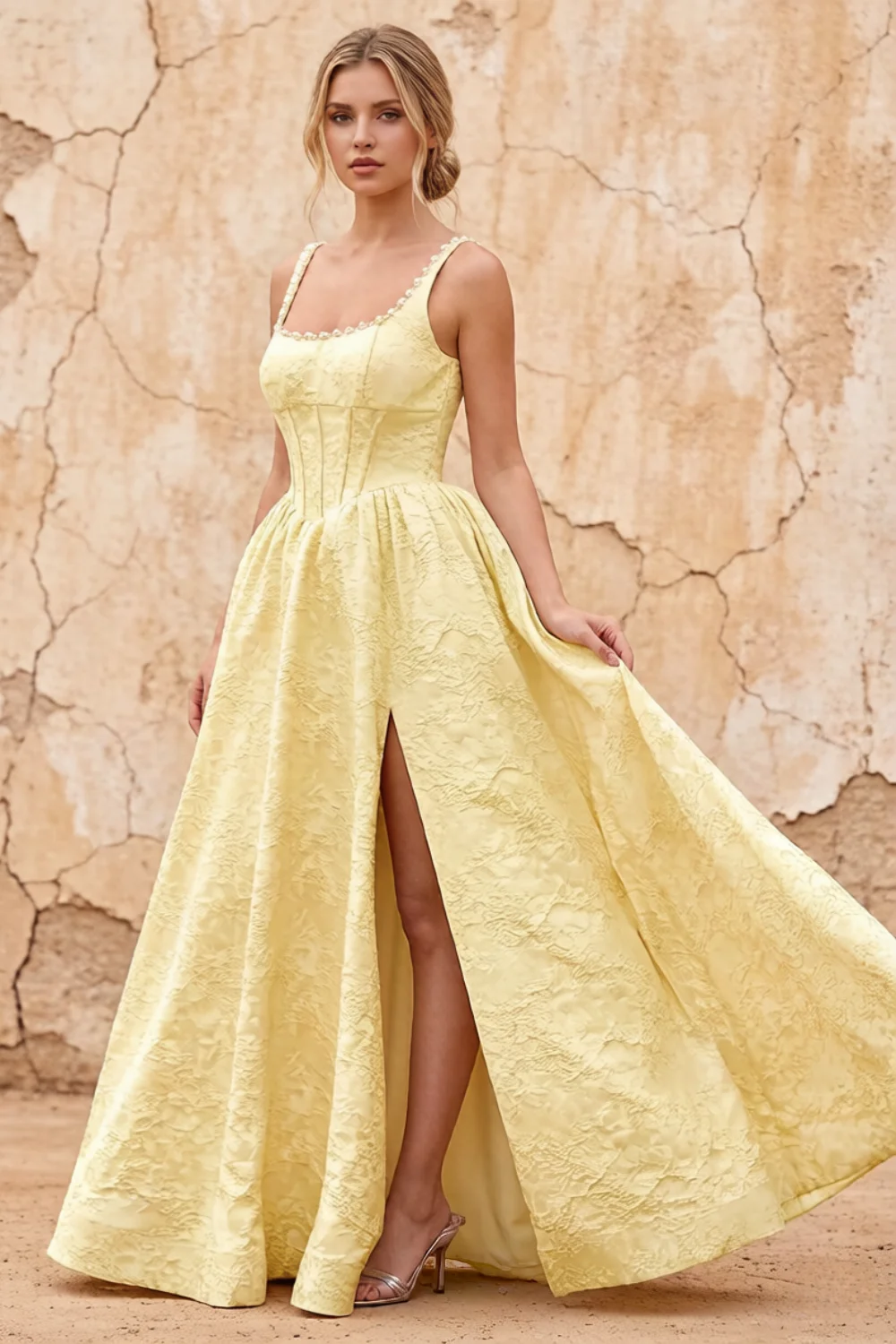 Marian Yellow Jacquard A-line 3d Flowers Maxi Dress Main image