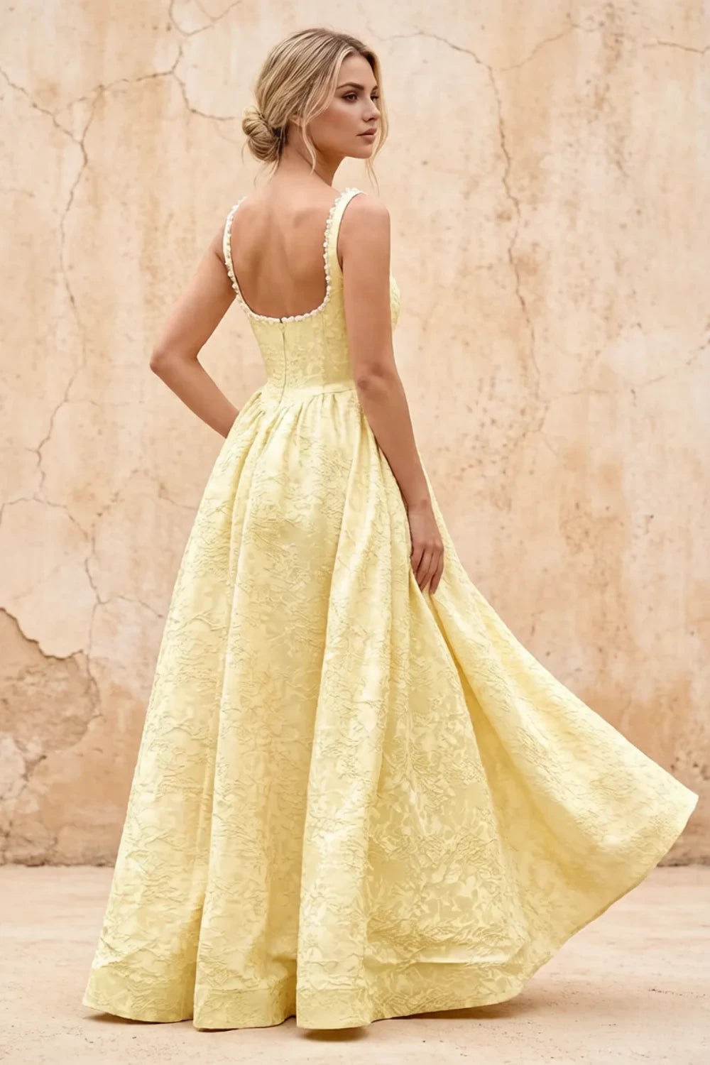 Translation missing: en.Marian Yellow floral jacquard square-neck A-line maxi dress with dimensional flowers and side slit - product photo 2 content.product_image_secondary