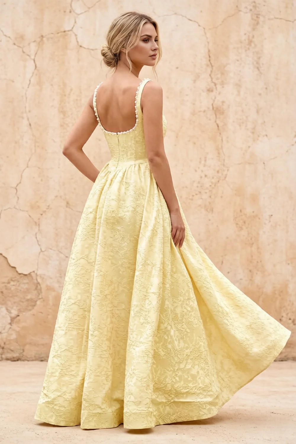 Marian Yellow Jacquard A-line 3d Flowers Maxi Dress