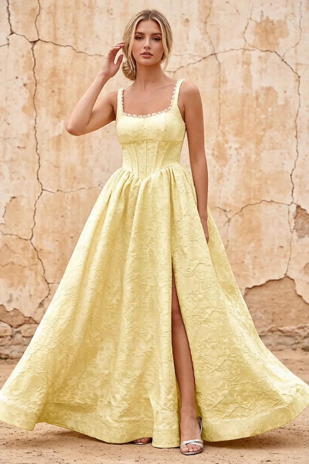 Marian Yellow Jacquard A-line 3d Flowers Maxi Dress