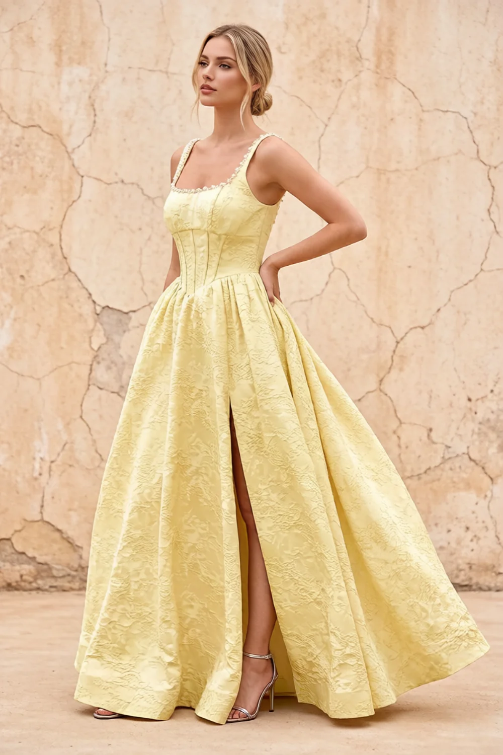 Marian Yellow Jacquard A-line 3d Flowers Maxi Dress