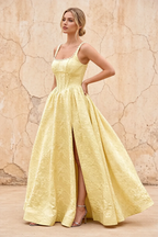 Marian Yellow Jacquard A-line 3d Flowers Maxi Dress