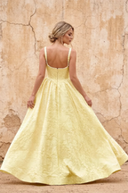 Marian Yellow Jacquard A-line 3d Flowers Maxi Dress
