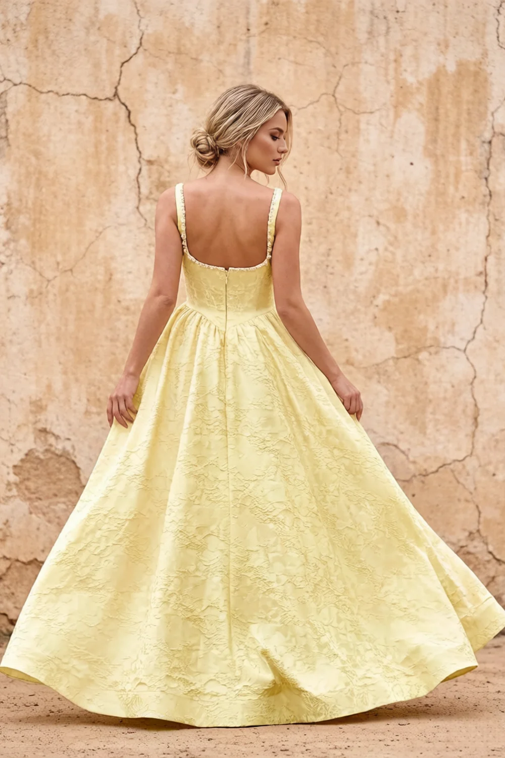 Marian Yellow Jacquard A-line 3d Flowers Maxi Dress