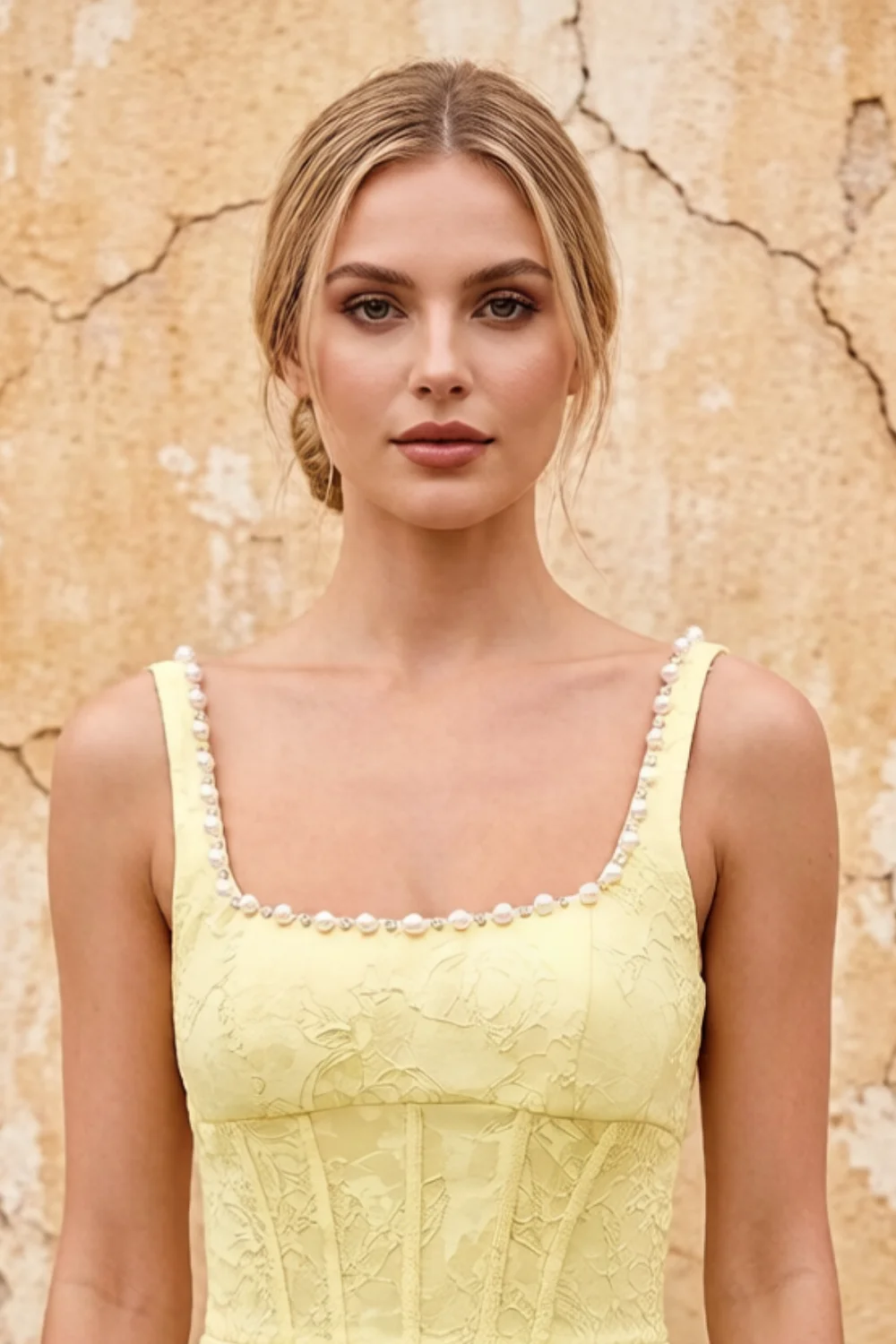 Marian Yellow Jacquard A-line 3d Flowers Maxi Dress