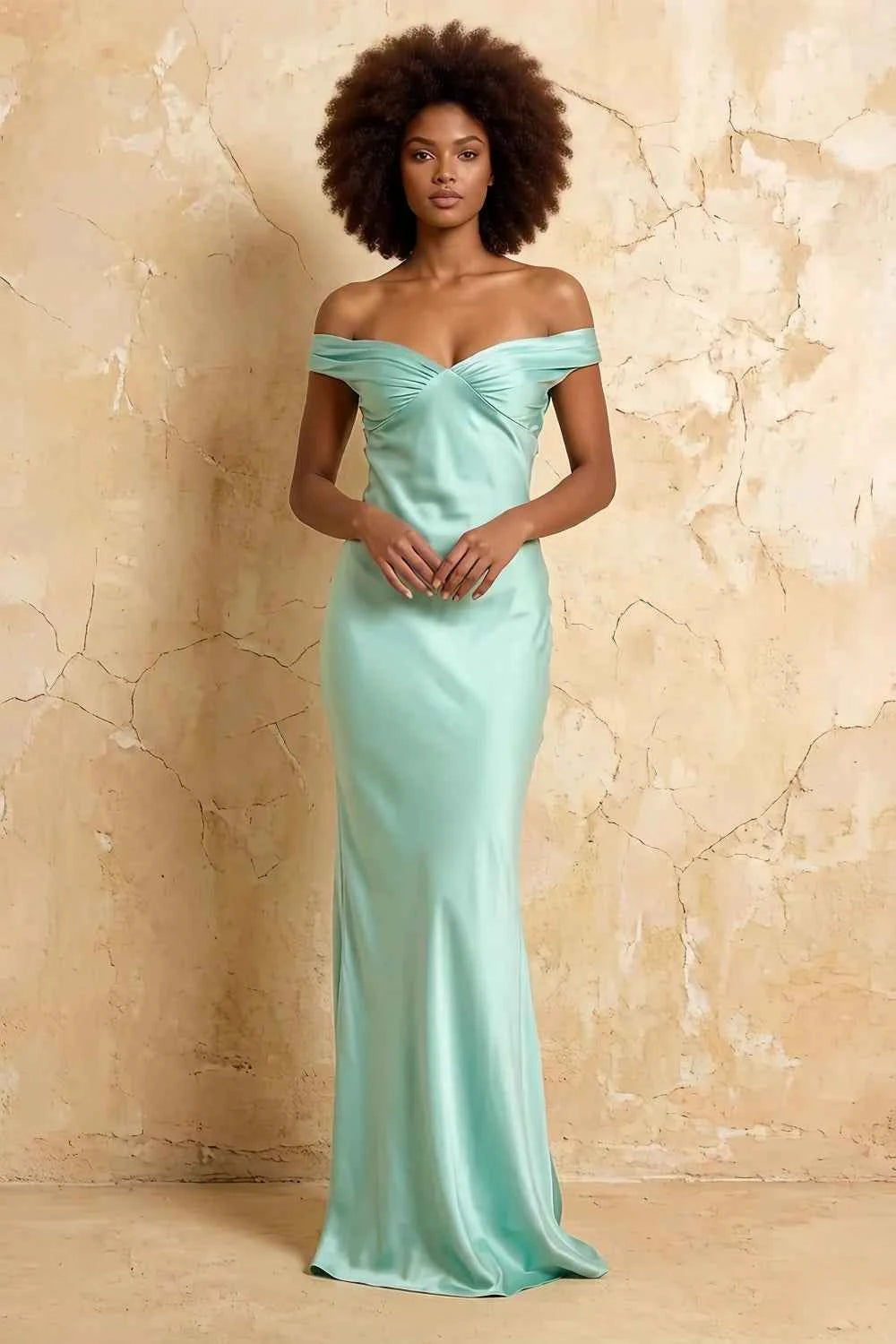 Marina Aqua Satin Off The Shoulder Maxi Dress