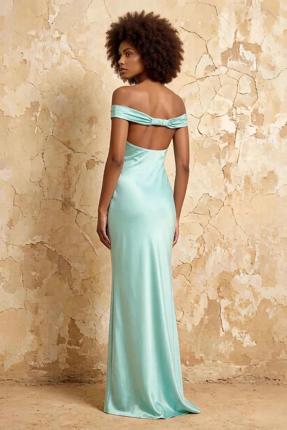 Marina Aqua Satin Off The Shoulder Maxi Dress