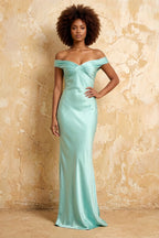 Marina Aqua Satin Off The Shoulder Maxi Dress