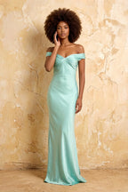 Marina Aqua Satin Off The Shoulder Maxi Dress
