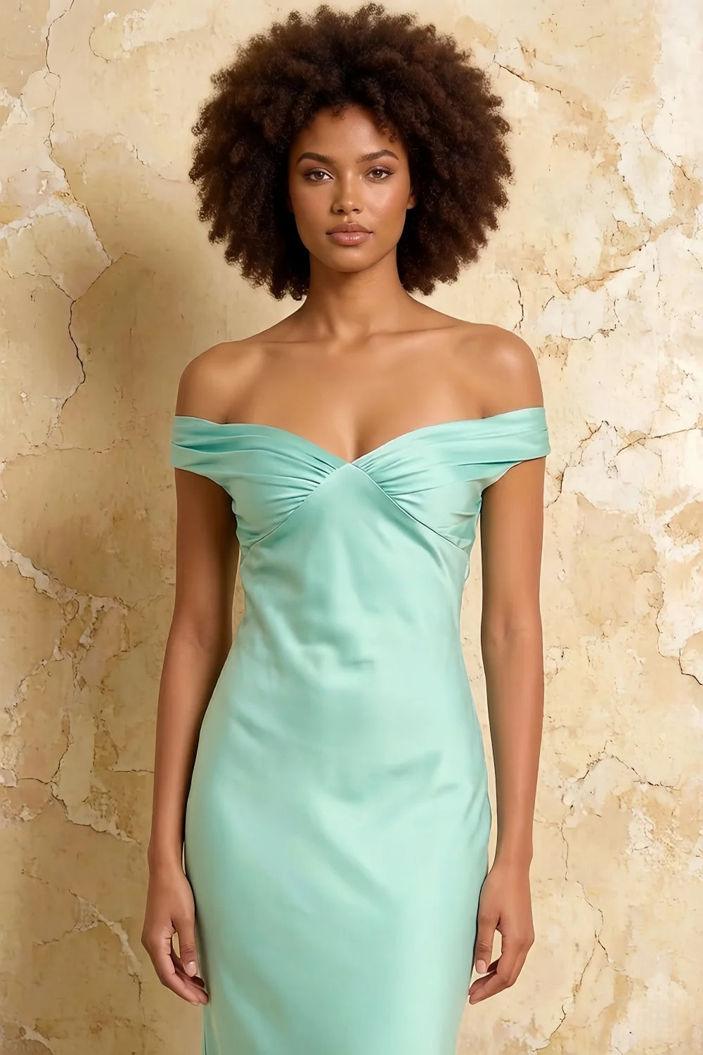 Marina Aqua Satin Off The Shoulder Maxi Dress