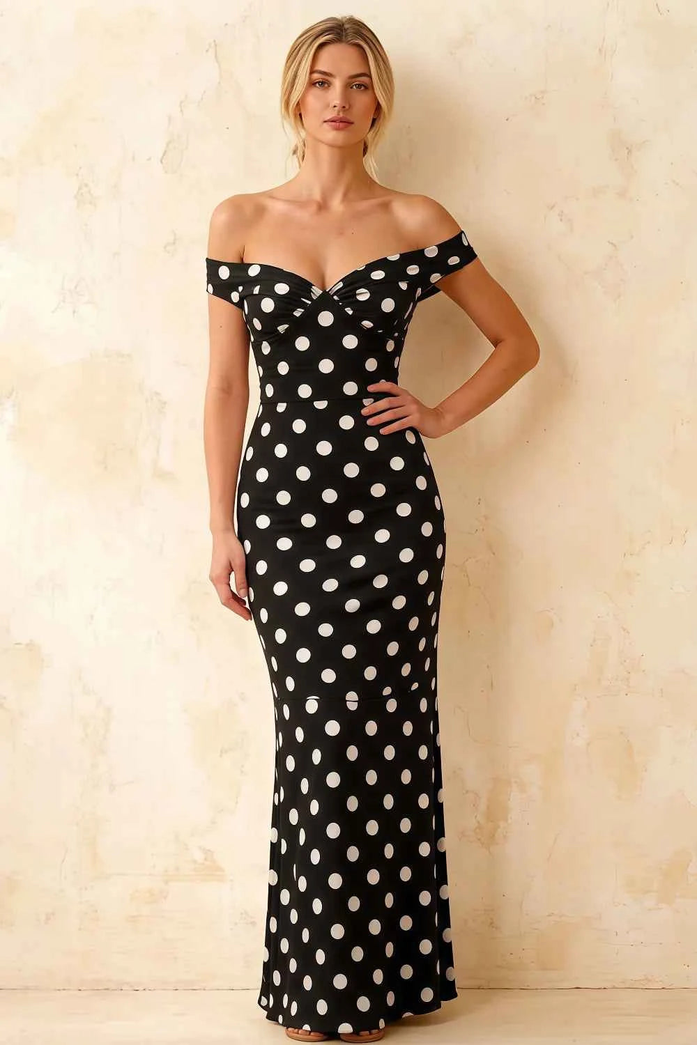 Marina Black Polka Dot Off The Shoulder Maxi Dress