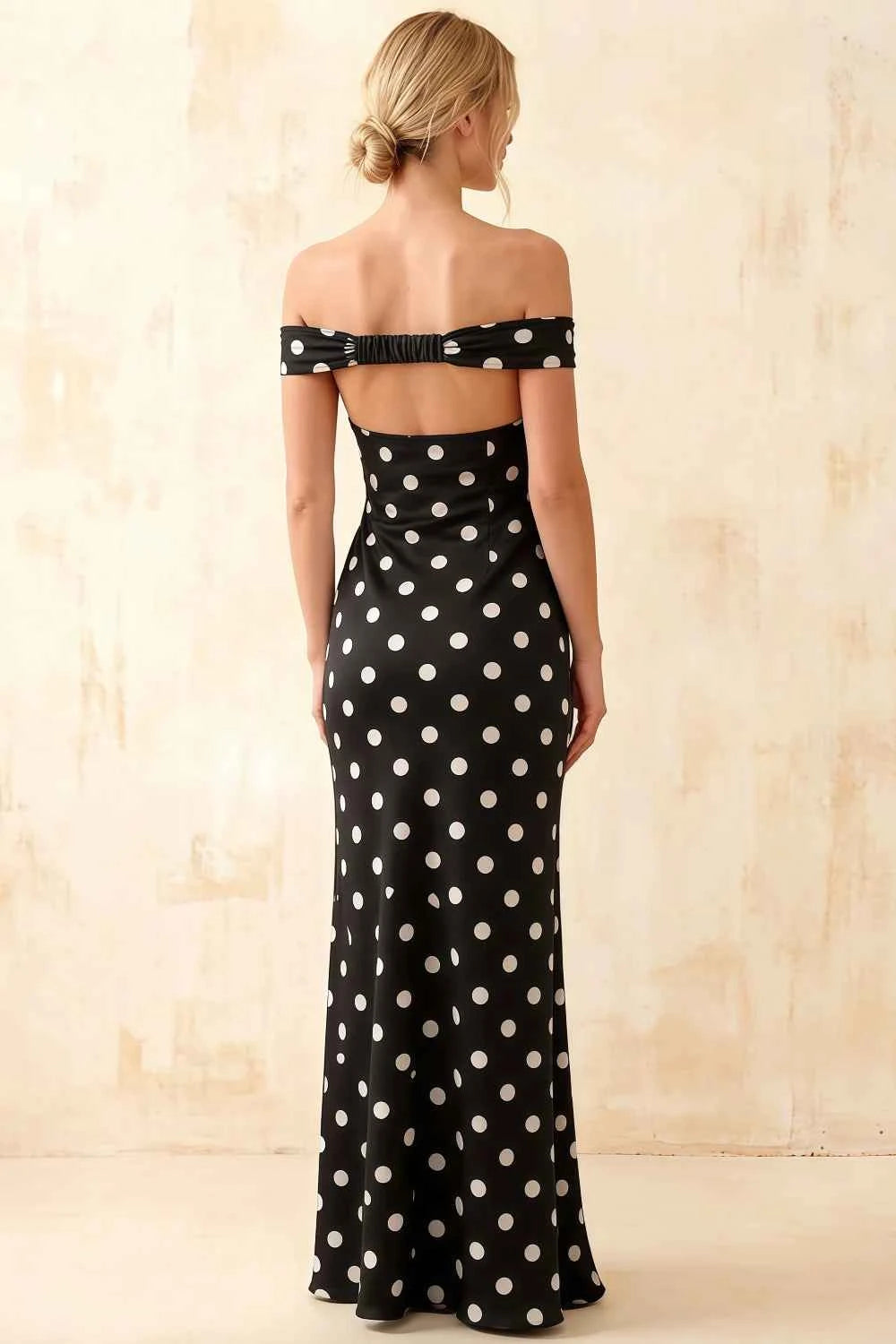 Marina Black Polka Dot Off The Shoulder Maxi Dress