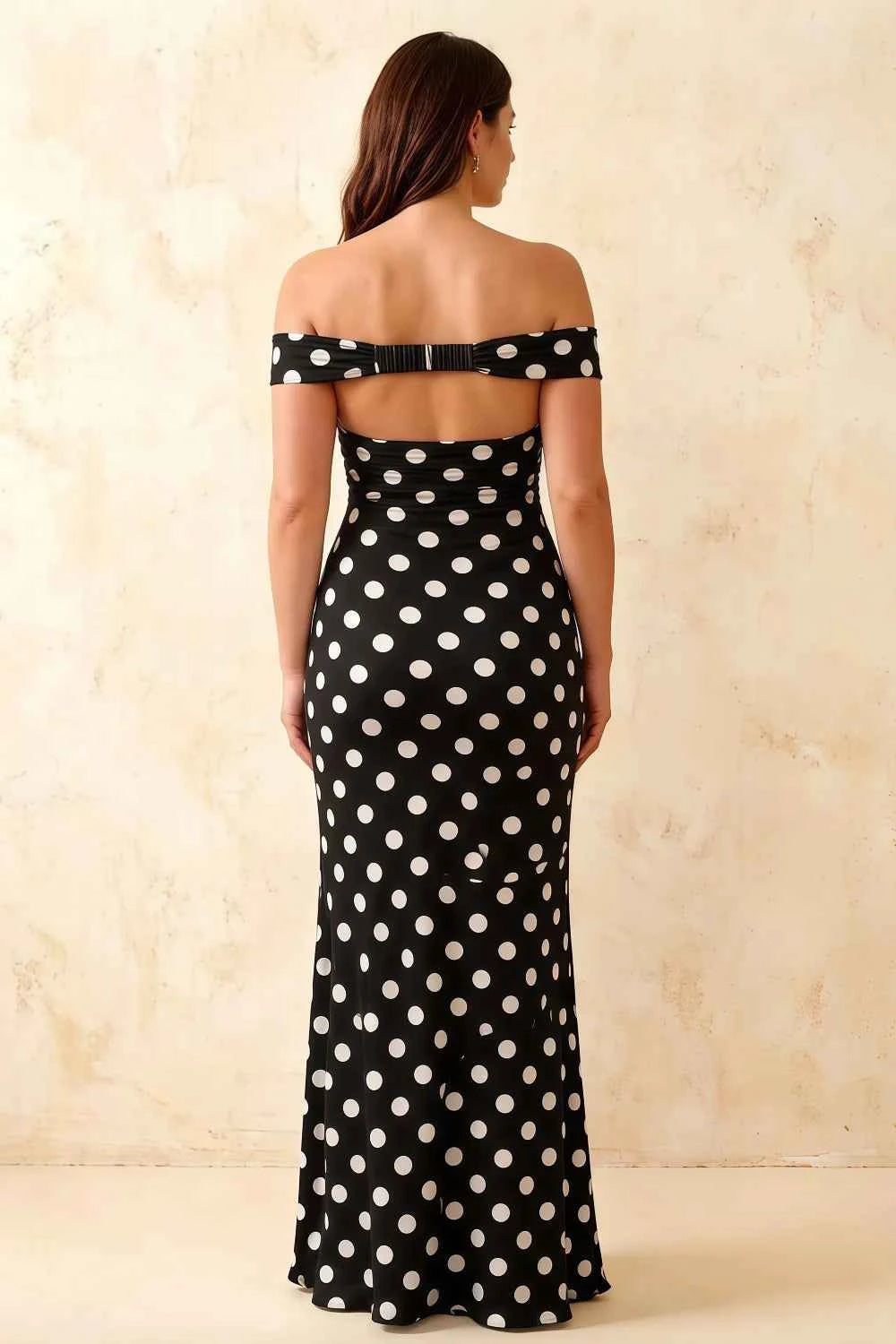 Marina Black Polka Dot Off The Shoulder Maxi Dress