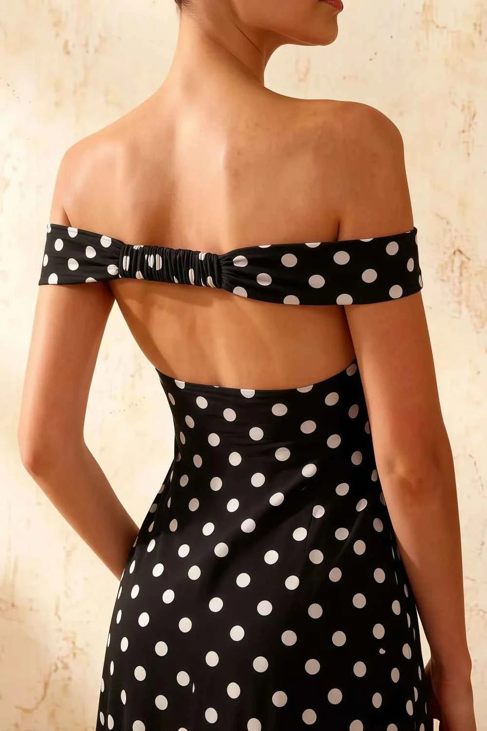 Marina Black Polka Dot Off The Shoulder Maxi Dress