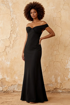 Marina Black Satin Off The Shoulder Maxi Dress