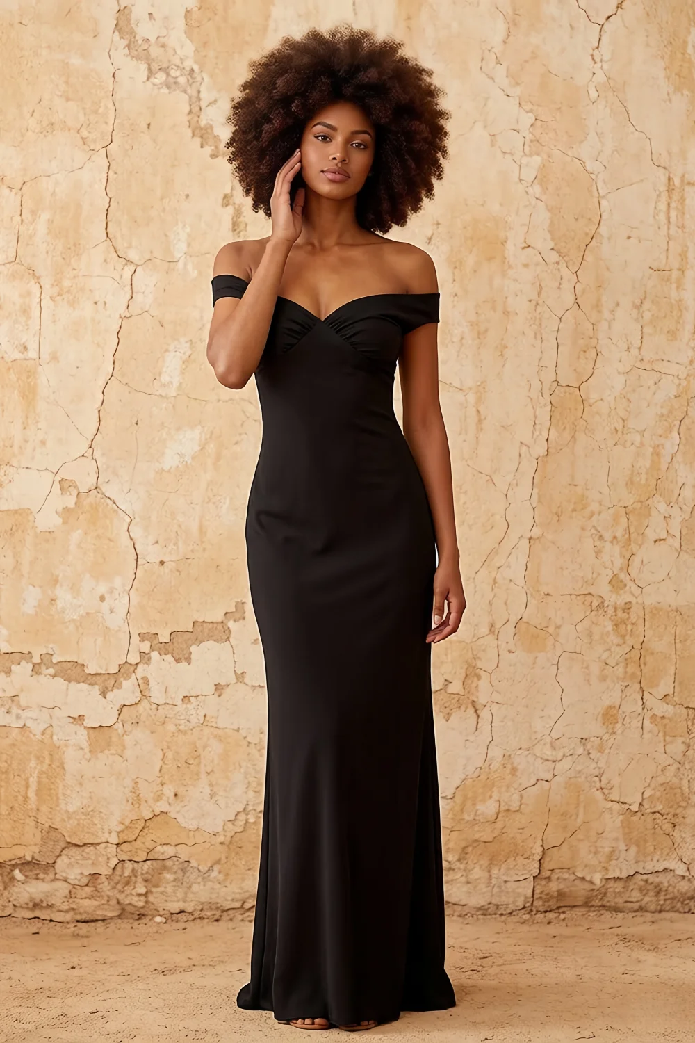 Marina Black Satin Off The Shoulder Maxi Dress