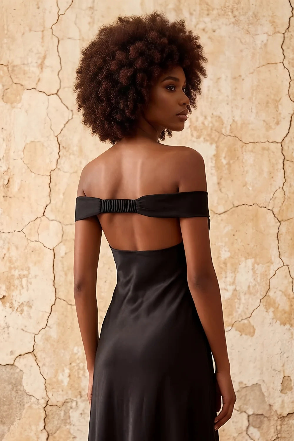 Marina Black Satin Off The Shoulder Maxi Dress