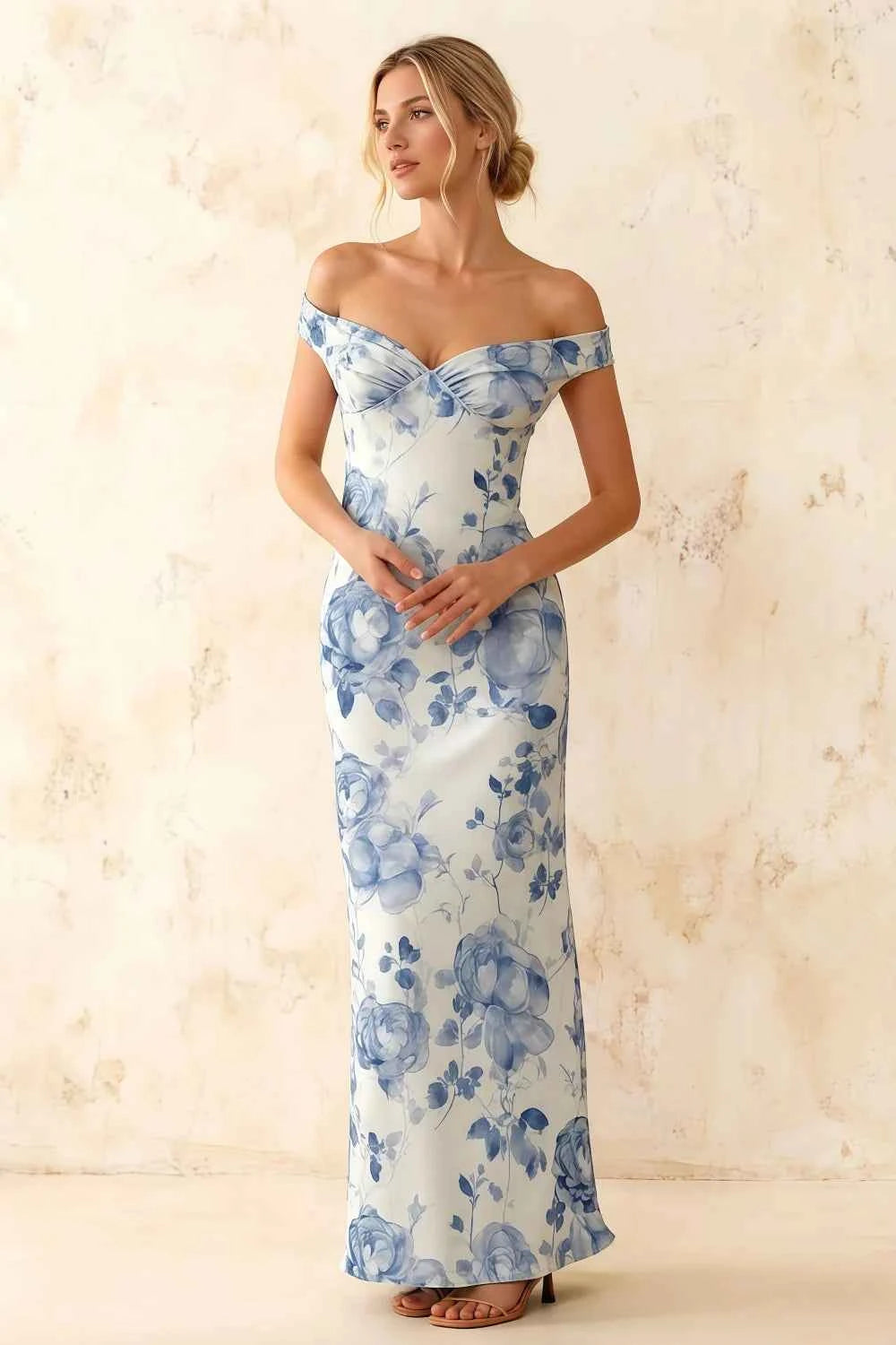 Marina Blue and White Floral Off The Shoulder Maxi Dress Main image