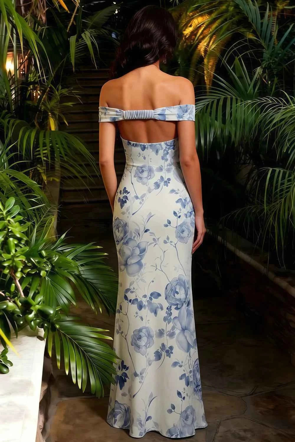 Marina Blue and White Floral Off The Shoulder Maxi Dress