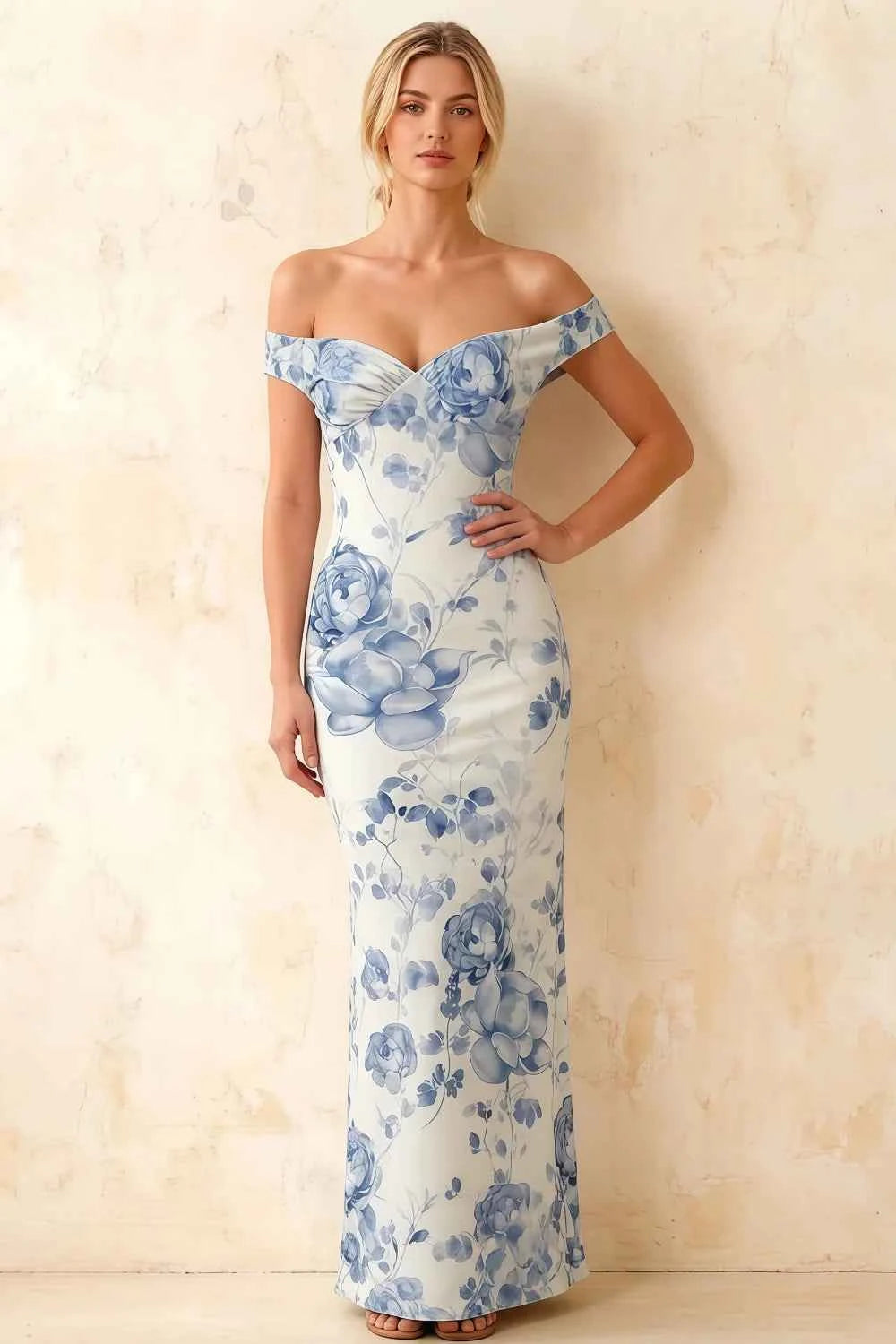 Marina Blue and White Floral Off The Shoulder Maxi Dress