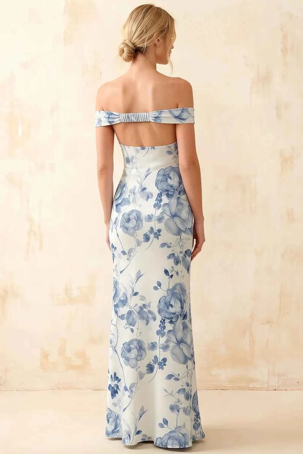 Marina Blue and White Floral Off The Shoulder Maxi Dress