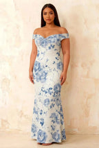 Marina Blue and White Floral Off The Shoulder Maxi Dress