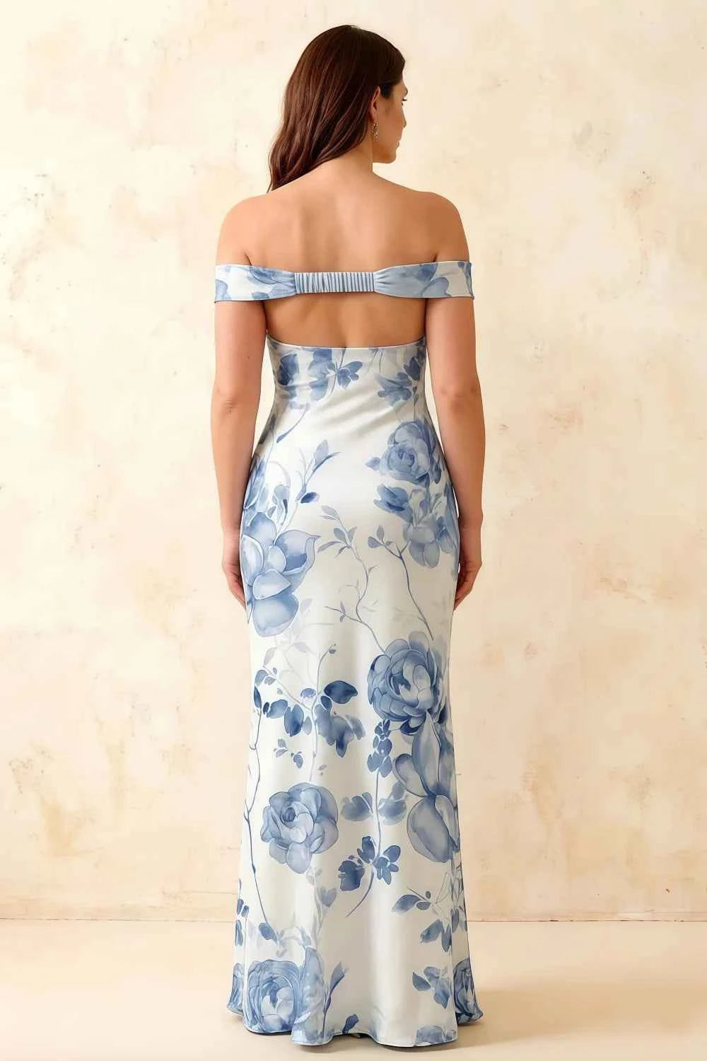 Marina Blue and White Floral Off The Shoulder Maxi Dress