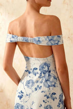 Marina Blue and White Floral Off The Shoulder Maxi Dress