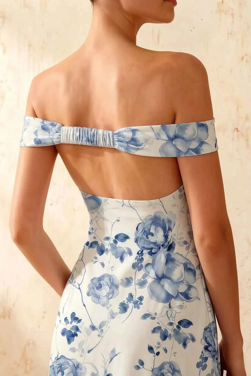 Marina Blue and White Floral Off The Shoulder Maxi Dress