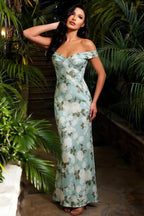 Marina Blue Floral Off The Shoulder Maxi Dress