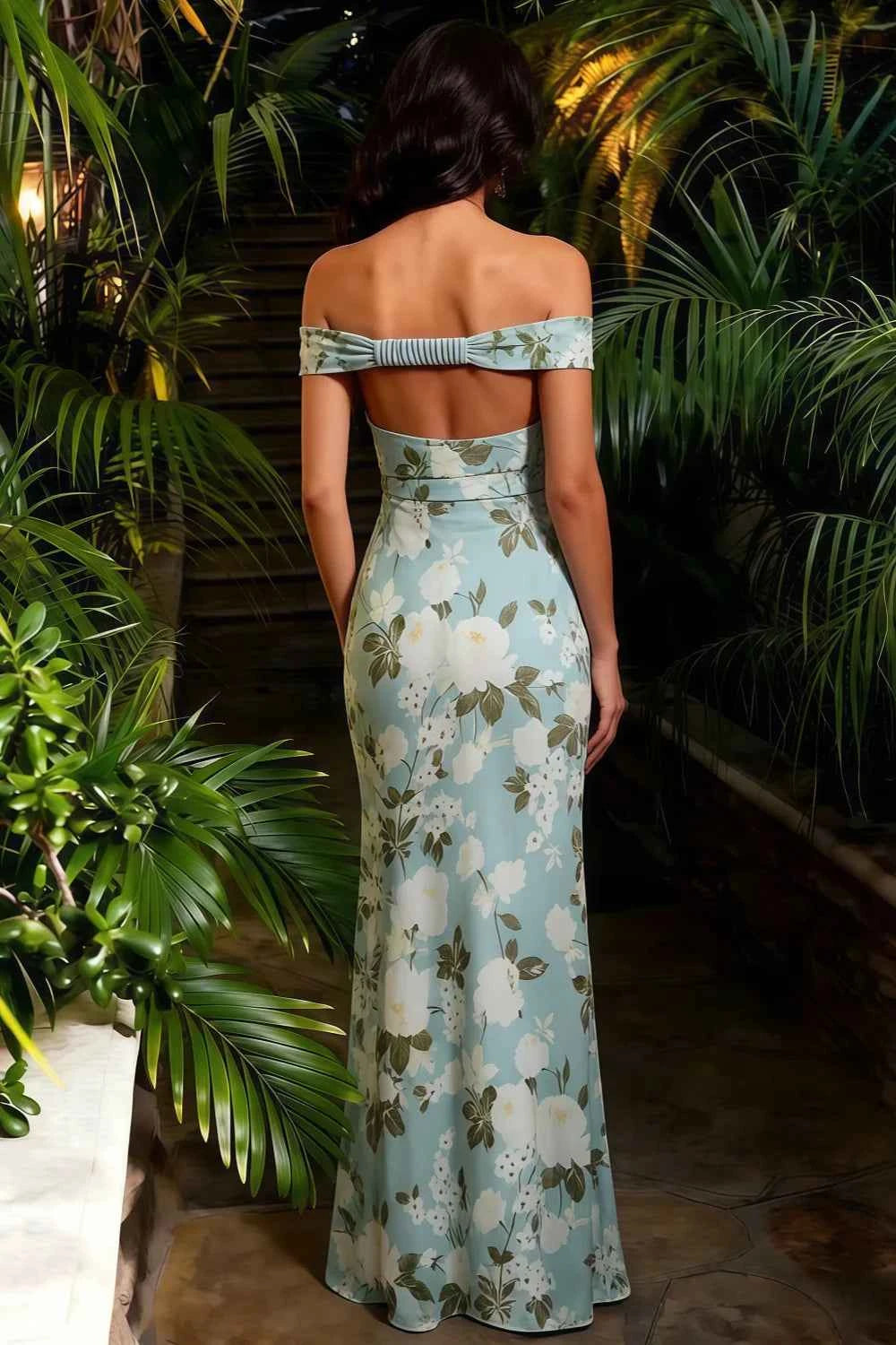 Marina Blue Floral Off The Shoulder Maxi Dress