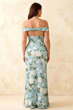 Marina Blue Floral Off The Shoulder Maxi Dress