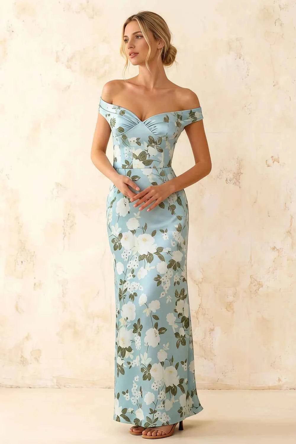 Marina Blue Floral Off The Shoulder Maxi Dress