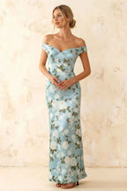 Marina Blue Floral Off The Shoulder Maxi Dress