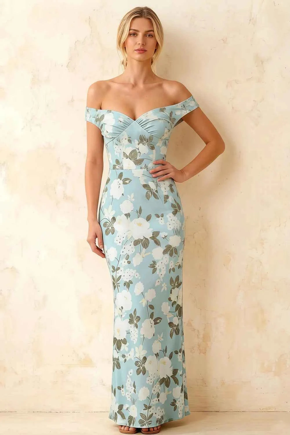 Marina Blue Floral Off The Shoulder Maxi Dress