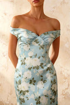 Marina Blue Floral Off The Shoulder Maxi Dress