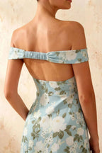 Marina Blue Floral Off The Shoulder Maxi Dress